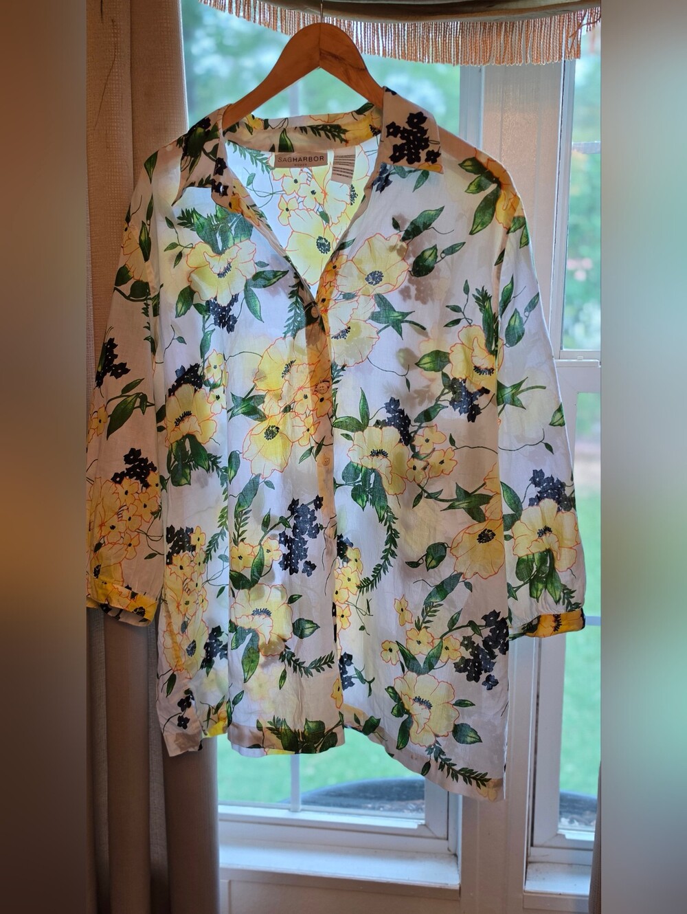 Sag Harbor Yellow Floral Button-Front Blouse 100% Cotton
